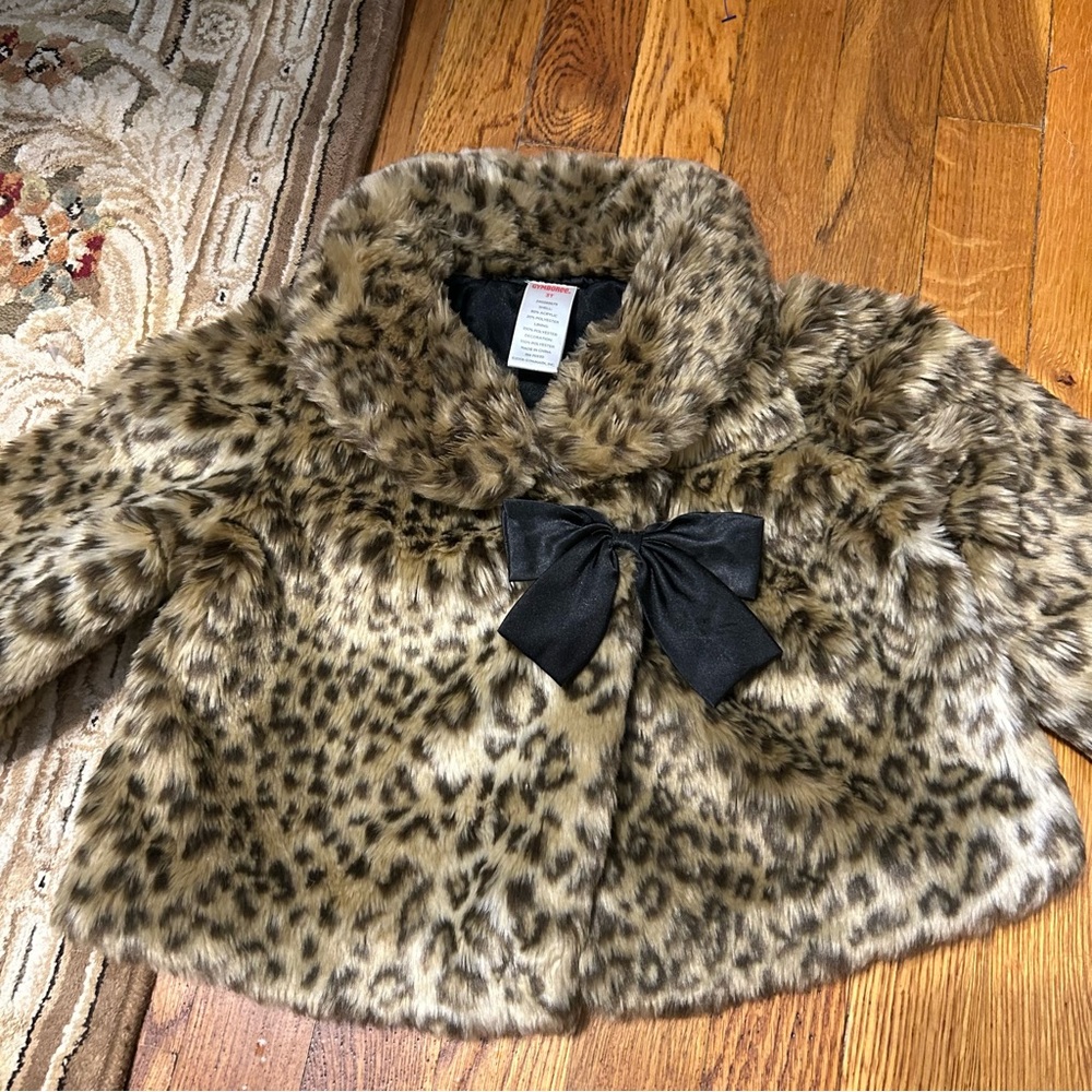 Gymboree Faux Leopard Fur Black Satin Front Bow Coat
